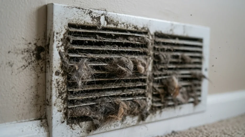 **Short Alt Text:**
Dirty air vent clogged with dust and lint.
