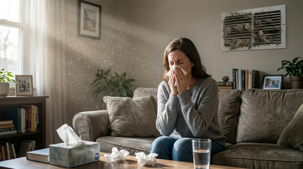 **Short Alt Text:**
Woman sneezing due to dusty air vents at home.
