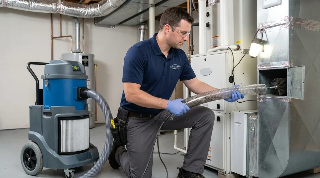 **Short Alt Text:**
Technician cleaning HVAC air ducts with vacuum equipment.
